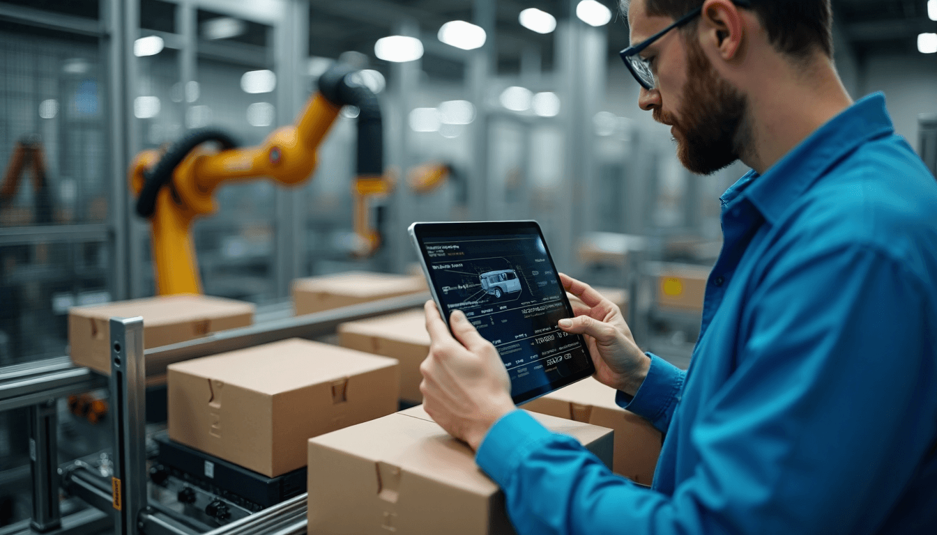 Robot arm and technician with packaging automation tablet