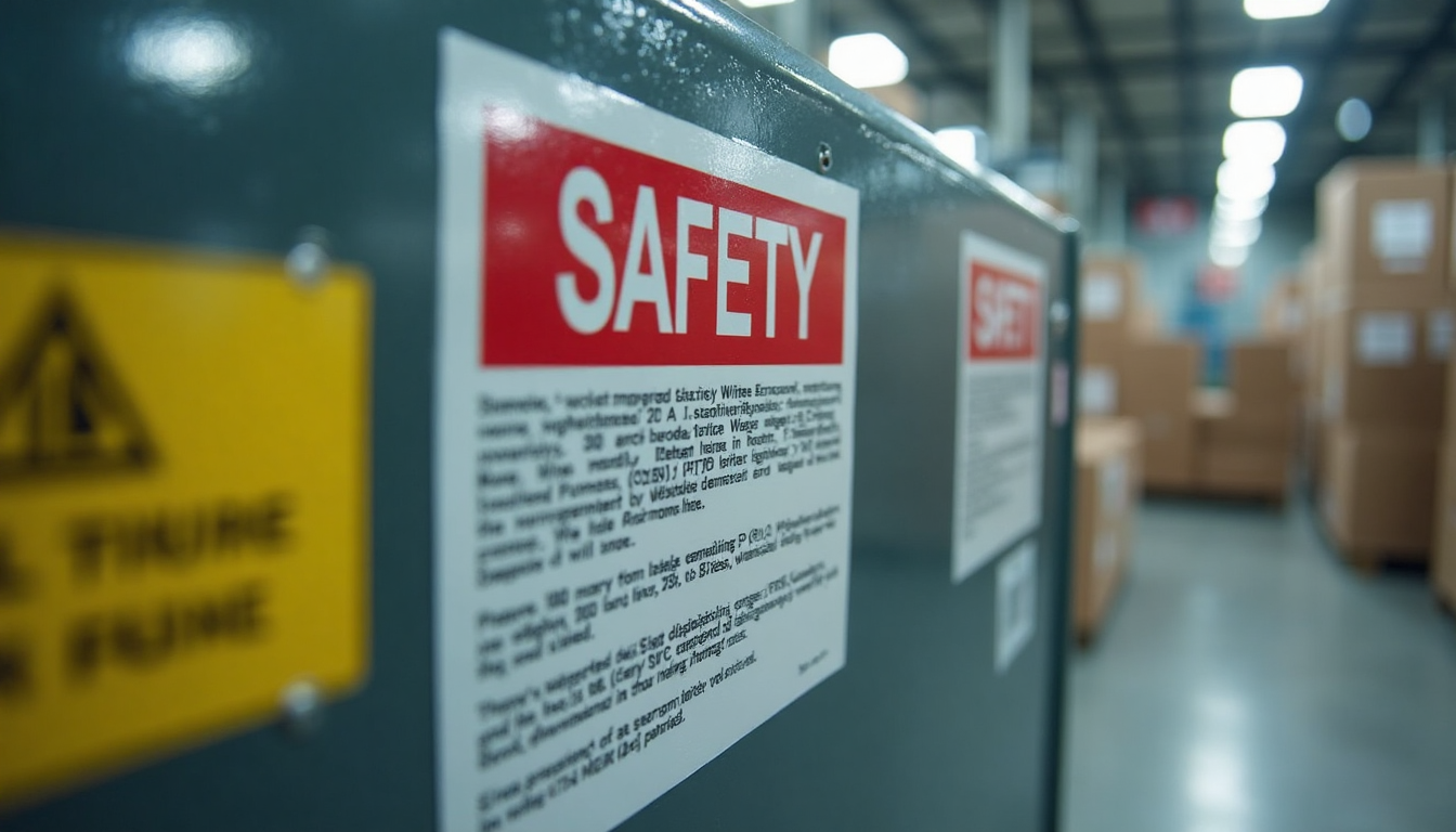 Close up of standard safety labels on industrial equipment.