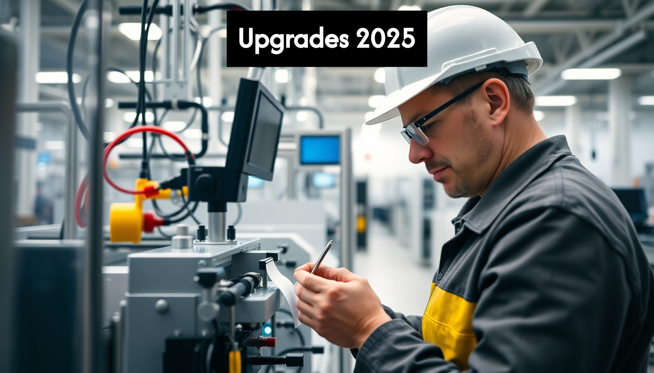 Technician upgrading labelling machine with IoT sensors